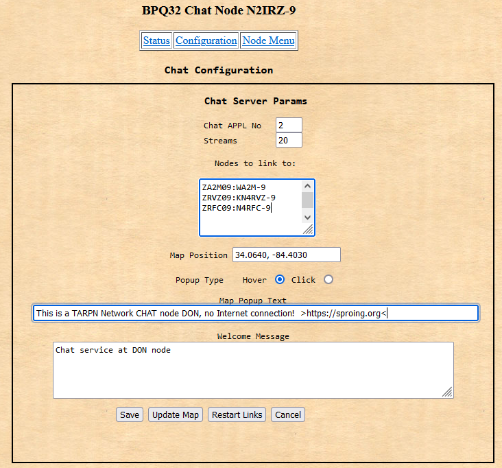 G8BPQ Chat Configuration Page