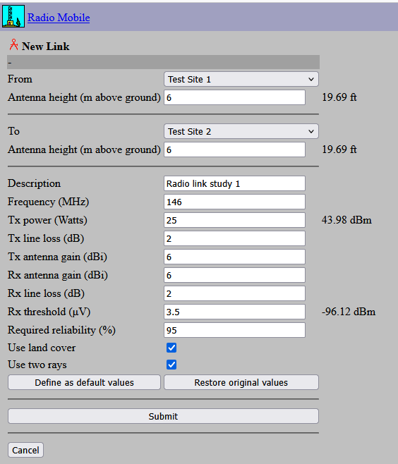 RadioMobile New Link Definition Screen